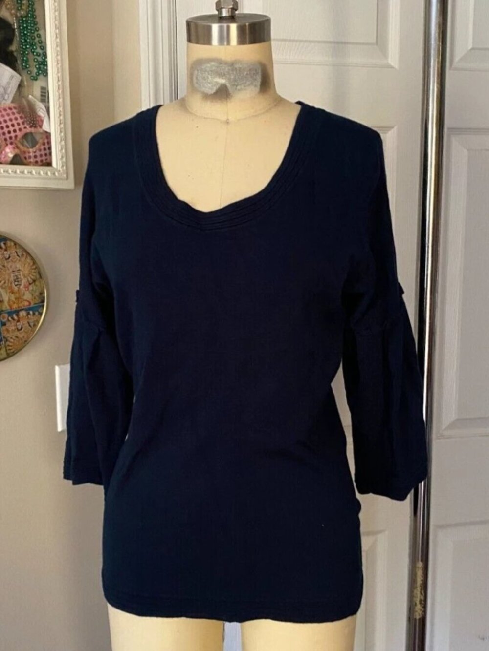 Design History TEAL SILK knit Bell Sleeve 3/4 Cuff Classic Tunic Shirt *MEDIUM*